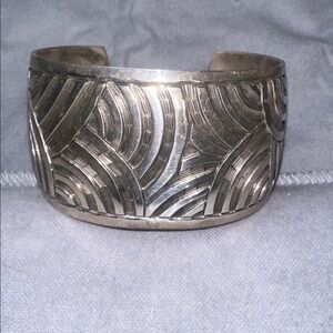 Vintage Sterling Silver Mexico Bracelet, Handcrafted Cuff Geometric Inlay Design
